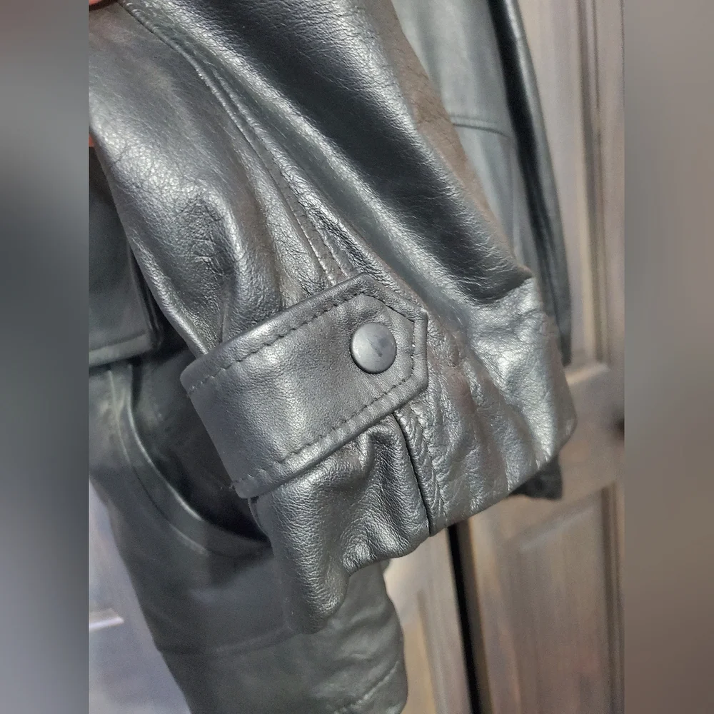Black Leather Trench Coat with Quilted Plaid Interior